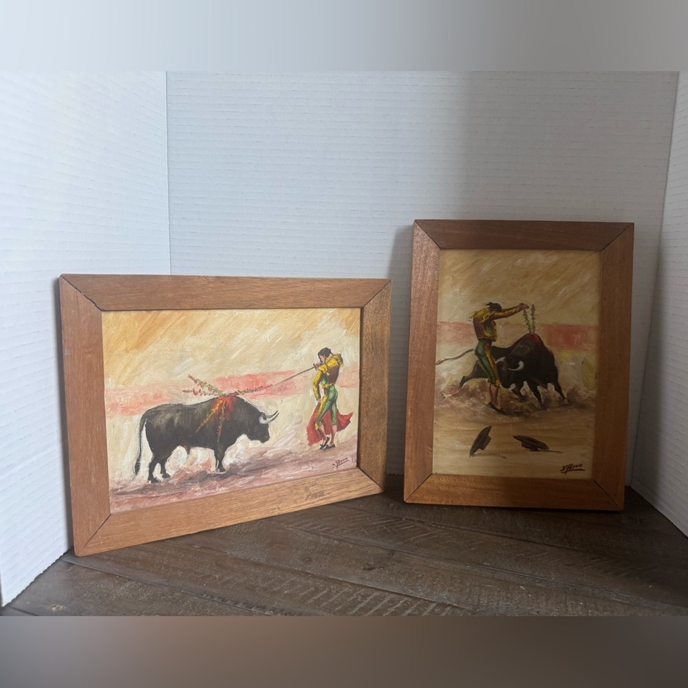 Set of Two Vintage Bulls Paintings Signed in Frames